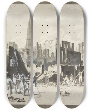 Triptych art skateboard deck of Christoffer Wilhelm Eckersberg Ulfeldts Plads Det Nuvrende Grbrdretorv Efter Englndernes Bombardement I September 1807 by Christoffer Wilhelm Eckersberg (1783-1853)