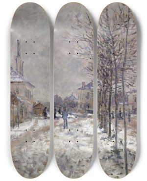 Triptych art skateboard deck of Claude Monet The Snowcovered Boulevard De Pontoise In Argenteuil by Claude Monet (1840-1926)