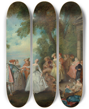 Triptych art skateboard deck of Nicolas Lancret Dance Before A Fountain by Nicolas Lancret (1690-1743)