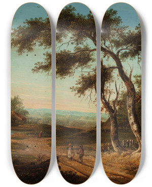 Triptych art skateboard deck of Patrick Nasmyth Figures On A Sunlit Country Road by Patrick Nasmyth (1787-1831)