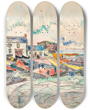 Triptych art skateboard deck of Paul Signac Groix Le Nettoyage Des Voiles by Paul Signac (1863-1935)