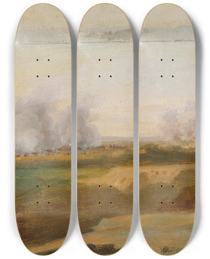 Triptych art skateboard deck of Johann Peter Krafft Landschaftsstudie Mit Brennenden Drfern Im Hintergrund by Johann Peter Krafft (1780-1856)