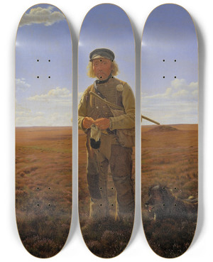 Triptych art skateboard deck of Frederik Vermehren A Jutland Sheperd On The Moors by Frederik Vermehren (1823-1910)