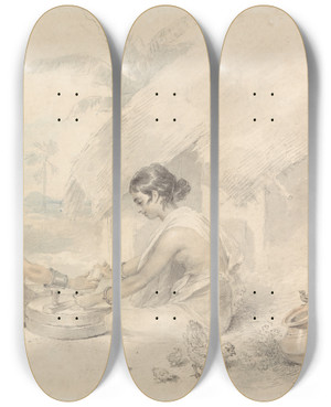Triptych art skateboard deck of Arthur William Devis Native Women From Bengal by Arthur William Devis (1762-1822)