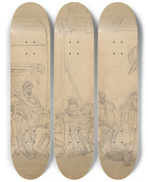Triptych art skateboard deck of Robert Smirke Study Of An Interior Scene With Roman Soldiers by Robert Smirke (1752-1845)