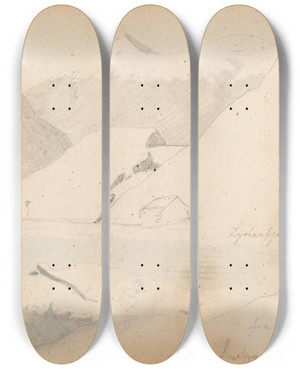 Triptych art skateboard deck of Hans Gude Fra Lustrafjorden Jostedalsbreen Sett Fra Lustrafjorden by Hans Gude (1825-1903)