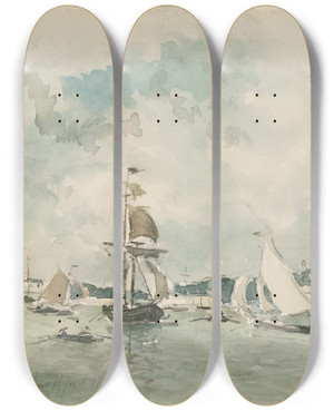Triptych art skateboard deck of Johan Barthold Jongkind The Port Of Honfleur by Johan Barthold Jongkind (1819-1891)
