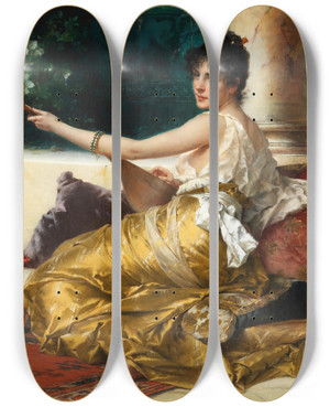 Triptych art skateboard deck of Conrad Kiesel The Mandolin Player by Conrad Kiesel (1846-1921)