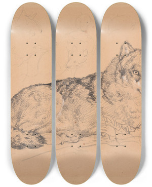 Triptych art skateboard deck of Jacquesraymond Brascassat Le Loup by Jacques Raymond Brascassat (1804-1867)