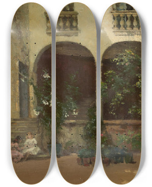 Triptych art skateboard deck of Alfred Withers The Court Of The Oleanders by Alfred Withers