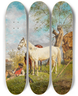 Triptych art skateboard deck of Franz Quaglio Mittagsrast by Franz Quaglio (1844-1920)