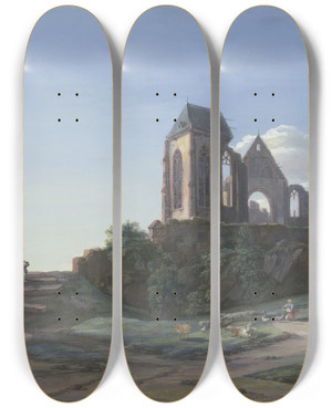 Triptych art skateboard deck of Christian Georg Schtz The Younger Eine Gotische Kirchenruine Im Hintergrund Eine Burg Vorne Bei Einer Htte Schafe Eine Ziege Und Ein Kind Das Hhner Fttert Links Ein Mann Mit Einem Korb by Christian Georg Schutz The Younger (1758-1823)