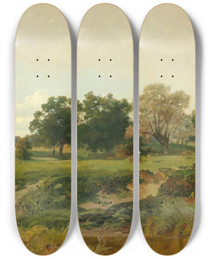 Triptych art skateboard deck of Josef Willroider Landscape With Woman Gathering Wood by Josef Willroider (1838-1915)