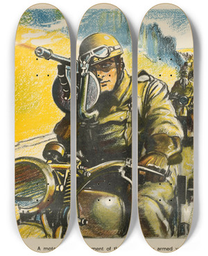 Triptych art skateboard deck of Roland Davies A Motorcycle Detachment Of The British Army Armed With Tommy Guns by Roland Davies (1904-1993)