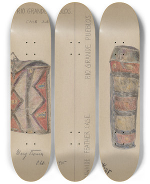 Triptych art skateboard deck of Mary Berner Medicine Bag And Feather Case by Mary Berner