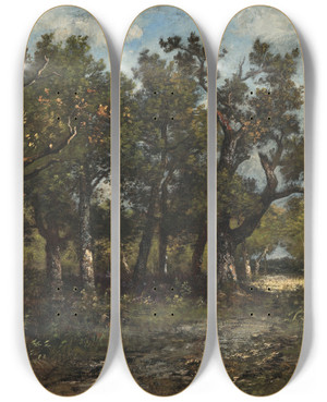 Triptych art skateboard deck of Leon Richet Near Barbizon By A Farm by Leon Richet (1847-1902)