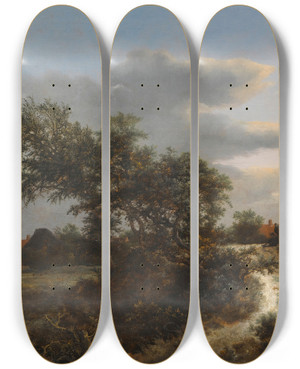 Triptych art skateboard deck of Jacob Van Ruisdael A Dune Landscape With A Farmer On A Sandy Road And A Distant View Of Haarlem by Jacob Van Ruisdael (1628-1682)