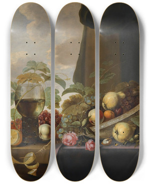 Triptych art skateboard deck of Michiel Simons A Still Life With Grapes Pears A Peach And Roses In A Waanli Kraak Porcelain Bowl With A Roemer And A Halfpeeled Lemon On A Partly Covered Table Top by Michiel Simons (1620-1673)