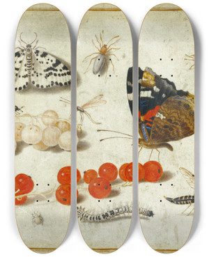 Triptych art skateboard deck of Jan Van Kessel The Younger Butterfly Caterpillar Moth Insects And Currants by Jan van Kessel the Younger (1654-1708)