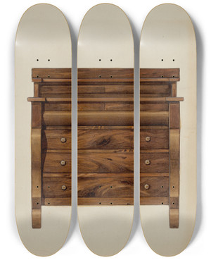 Triptych art skateboard deck of Dana Bartlett Dresser by Dana Bartlett
