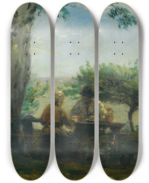 Triptych art skateboard deck of Adolpheflix Cals The Garden Of Thesaint Simon Farm Honfleur by Adolphe-Flix Cals (1810-1880)