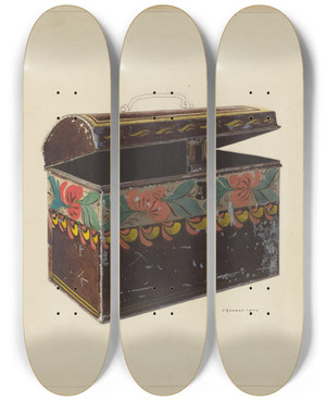 Triptych art skateboard deck of J Howard Iams Toleware Document Box by J Howard Iams (20-)