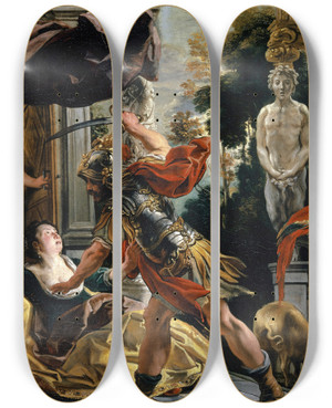 Triptych art skateboard deck of Jacob Jordaens Ulysses Threatening Circe by Jacob Jordaens (1593-1678)
