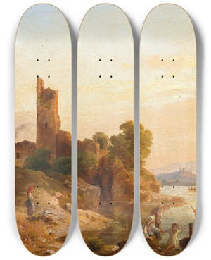 Triptych art skateboard deck of Kroly Mark Italian Landscape With Fishermen On The Lake by Karoly Marko (1791-1860)