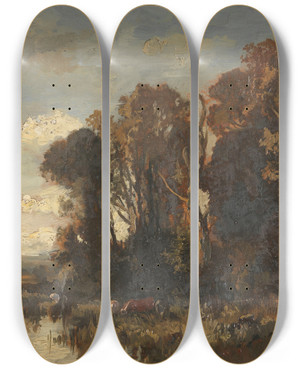 Triptych art skateboard deck of Fritz Halbergkrauss Flusslandschaft Mit Khen by Fritz Halberg Krauss (1874-1951)