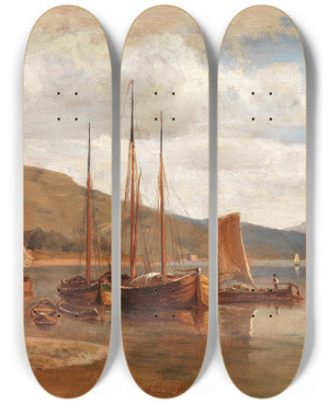 Triptych art skateboard deck of Ludwig Halauska Rheinufer Bei Lorch by Ludwig Halauska (1827-1882)