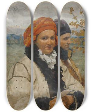 Triptych art skateboard deck of Antos Frolka Auf Dem Weg Zur Kirche by Antos Frolka (1877-1935)