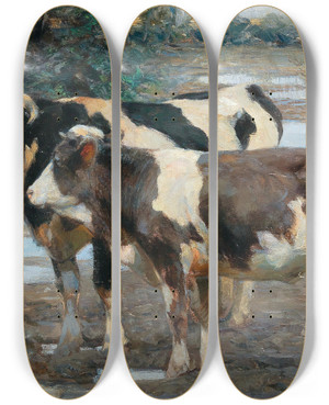 Triptych art skateboard deck of Heinrich Von Zgel Two Cows By The Water by Heinrich Von Zugel (1850-1941)