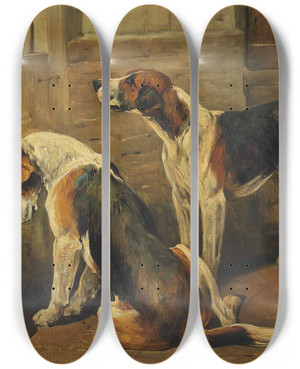 Triptych art skateboard deck of John Emms Waiting For The Hunt A Terrier And Two Hounds by John Emms (1843-1912)