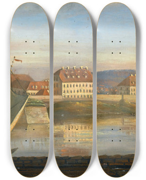 Triptych art skateboard deck of Johan Christian Dahl View Over The Elbe And The Barracks by Johan Christian Dahl (1788-1857)