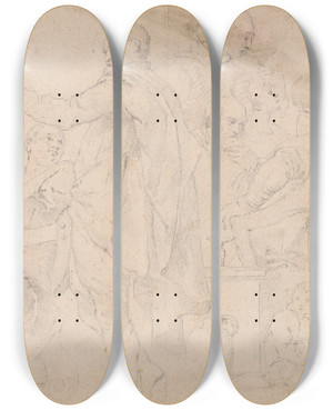 Triptych art skateboard deck of Sir Joshua Reynolds Ten Figures At Table by Sir Joshua Reynolds (1723-1792)