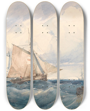 Triptych art skateboard deck of Richard Parkes Bonington A Cutter And Other Shipping In A Breeze by Richard Parkes Bonington (1802-1828)
