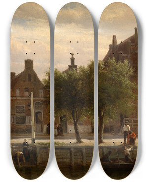 Triptych art skateboard deck of Cornelis Springer A View Of The Harbour Of Hasselt Overijssel by Cornelis Springer (1817-1891)