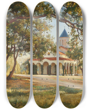 Triptych art skateboard deck of Iosif Evstafevich Krachkovsky Church Of The Intercession Of Our Lady Oreanda Crimea by Iosif Evstafevich Krachkovsky (1854-1914)