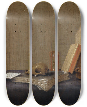 Triptych art skateboard deck of Gerrit Van Vucht Vanitas Still Life by Gerrit van Vucht (1610-1697)
