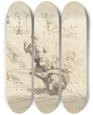 Triptych art skateboard deck of Franoisnicolas Chifflart Sketch Sheet by Francois Nicolas Chifflart (1825-1901)
