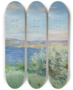 Triptych art skateboard deck of Claude Monet Les Bords De La Seine Prs De Vtheuil by Claude Monet (1840-1926)
