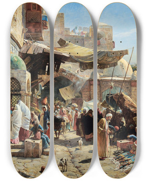 Triptych art skateboard deck of Gustav Bauernfeind Market In Jaffa by Gustav Bauernfeind (1848-1904)