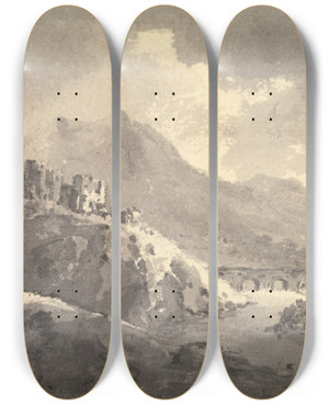 Triptych art skateboard deck of William Gilpin Landscape With A Castle And A Bridge by William Gilpin (1724-1804)