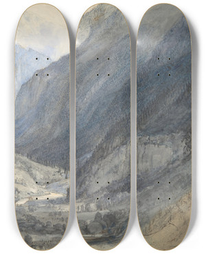 Triptych art skateboard deck of John Ruskin The Valley Of Lauterbrunnen Switzerland by John Ruskin (1819-1900)