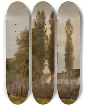 Triptych art skateboard deck of Zygmunt Sidorowicz Landscape With Trees And Houses by Zygmunt Sidorowicz (1846-1881)