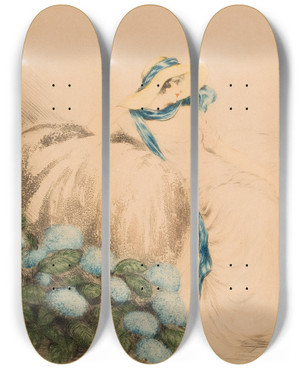 Triptych art skateboard deck of Louis Icart Lady With Blue Flowers by Louis Icart (1888-1950)