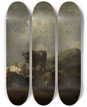 Triptych art skateboard deck of Willem Romeyn Cattle Resting At A River Crossing by Willem Romeyn (1624-1694)