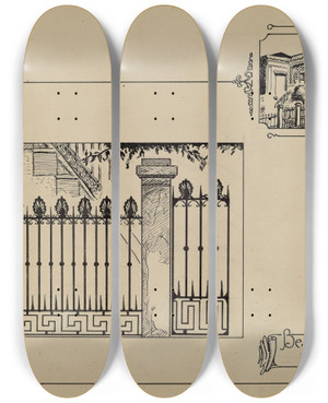 Triptych art skateboard deck of Al Curry Cast Iron Fence_2 by Al Curry (20-)