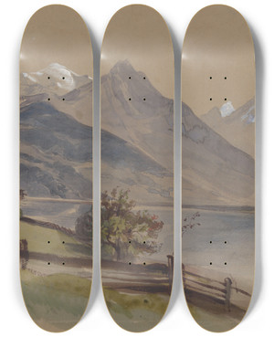 Triptych art skateboard deck of Friedrich Carl Von Scheidlin Alpine Landscape With A Lake by Friedrich Carl Von Scheidlin (1822-1913)