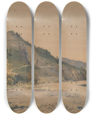 Triptych art skateboard deck of Friedrich Carl Von Scheidlin Hilly Landscape by Friedrich Carl Von Scheidlin (1822-1913)